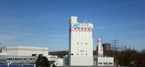 View of the MC's powder tower in Bottrop at evening twilight from the motorway A42 in the south.